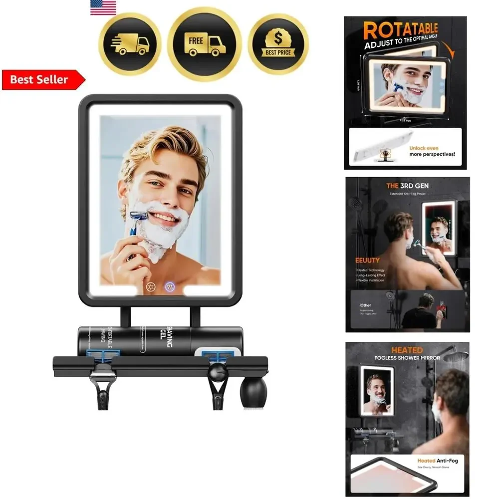 Fogless Shower Mirror Heating Light Shaving Mirror with Razor Holder Large 9.5*8